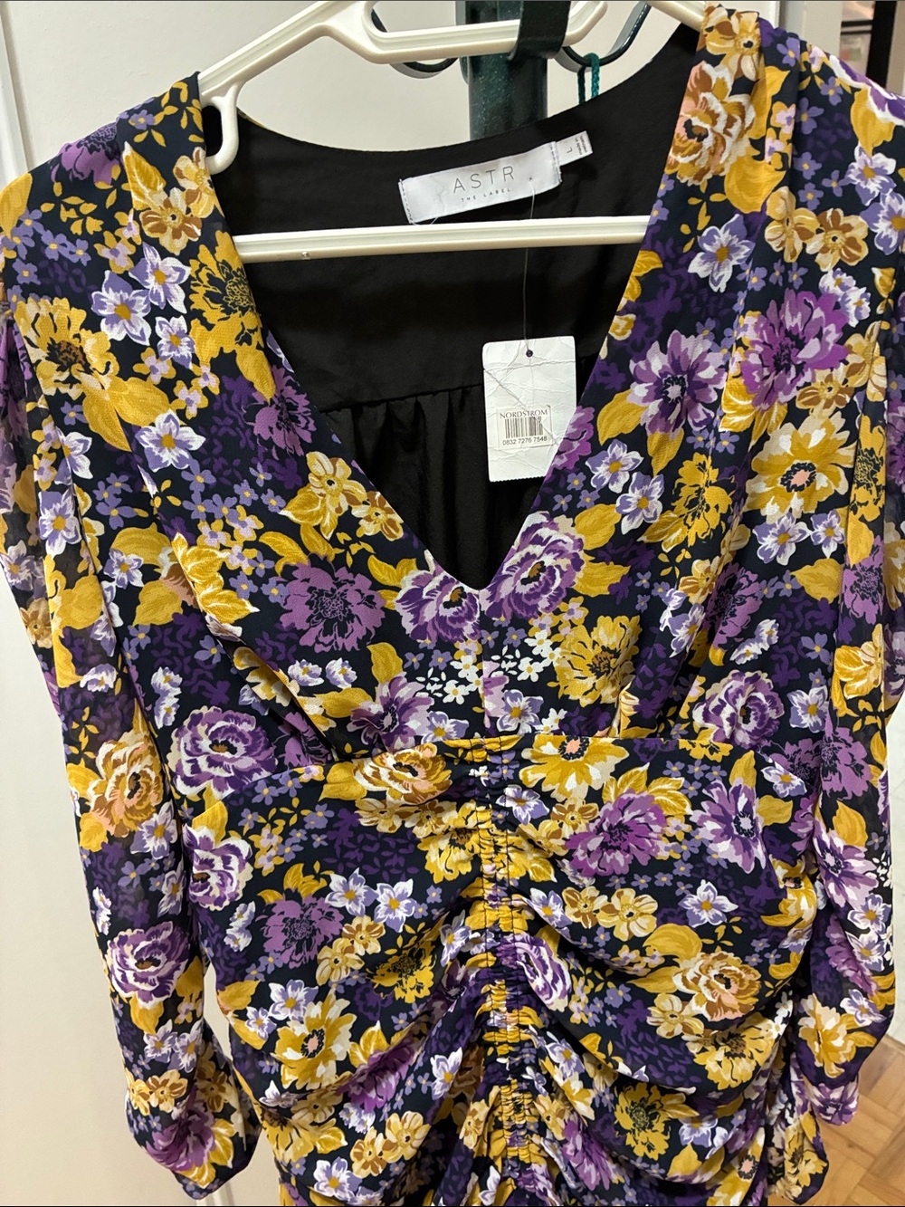 Astr Purple and Mustard Floral Ruched V-Neck Mini Dress - Picture 2 of 2
